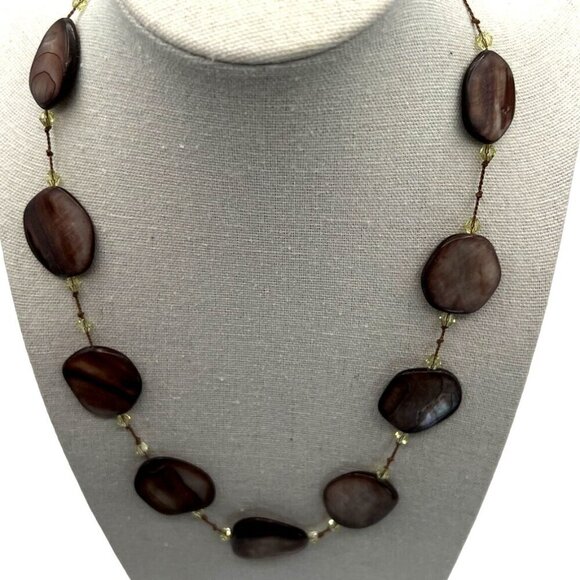 Handcrafted Brown Shell Bead Necklace With Yellow Crystal Accents - Picture 3 of 6